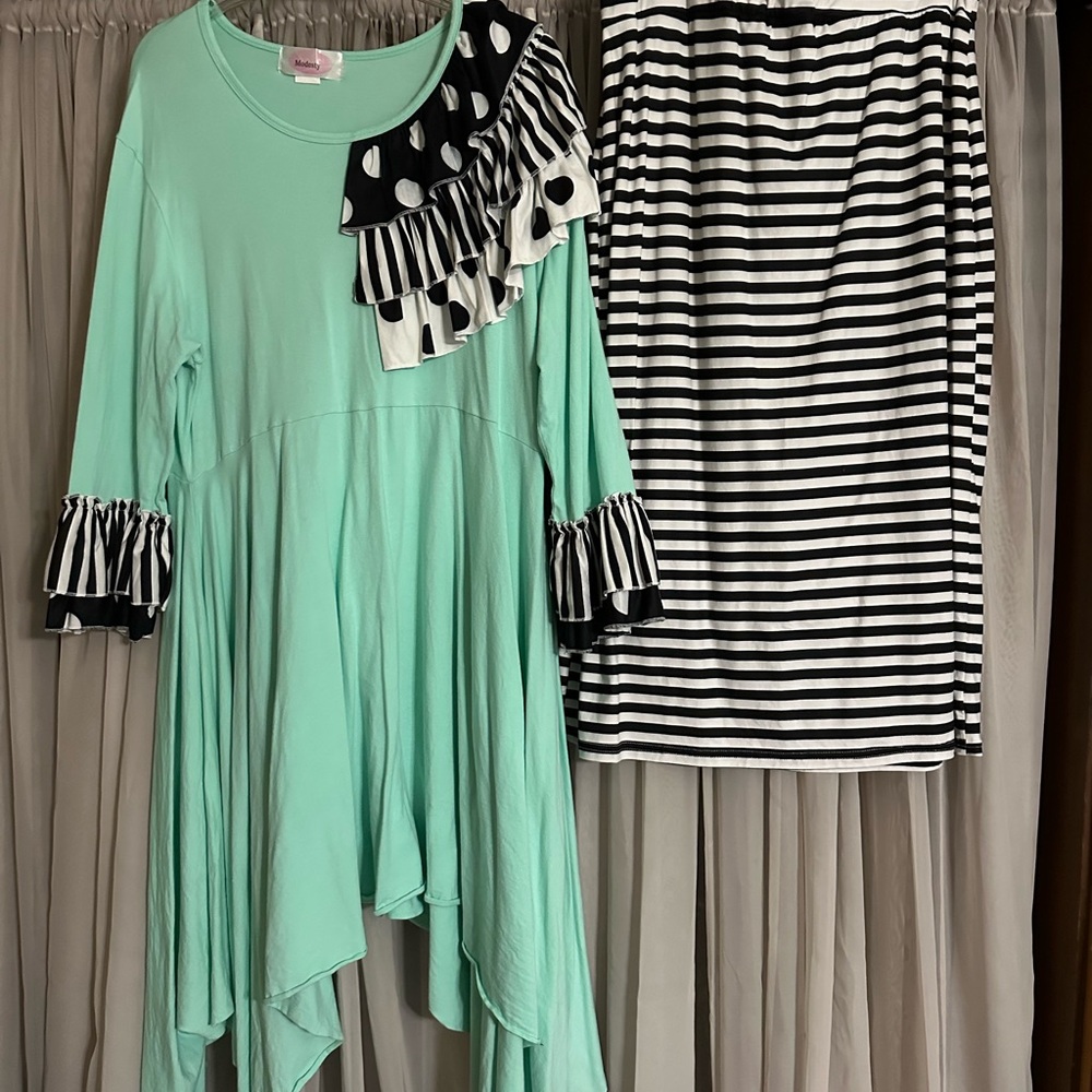 Mint Green Top with Black and White Stripe Skirt